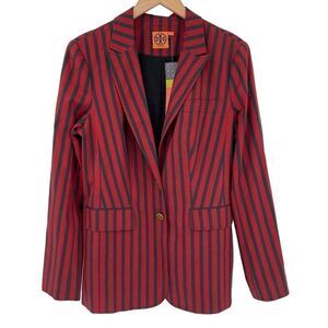 Tory Burch Blazer Jacket Red Navy Stripe‎ Logo Embossed Buttons Lined Women 10